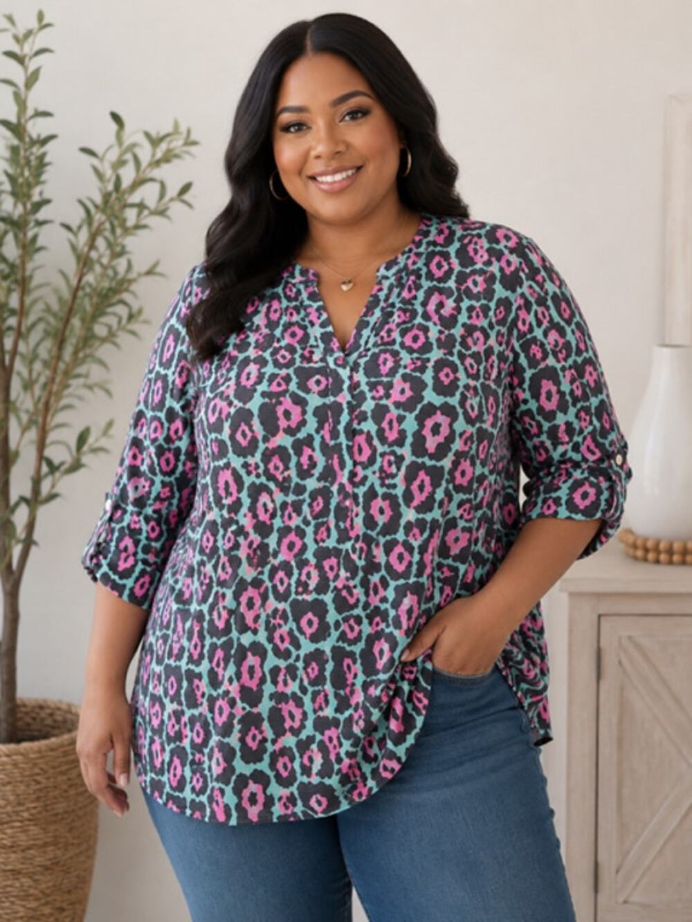 Dear Scarlett - Plus Size Animal Print Lizzy Top with Tab Sleeve - XL